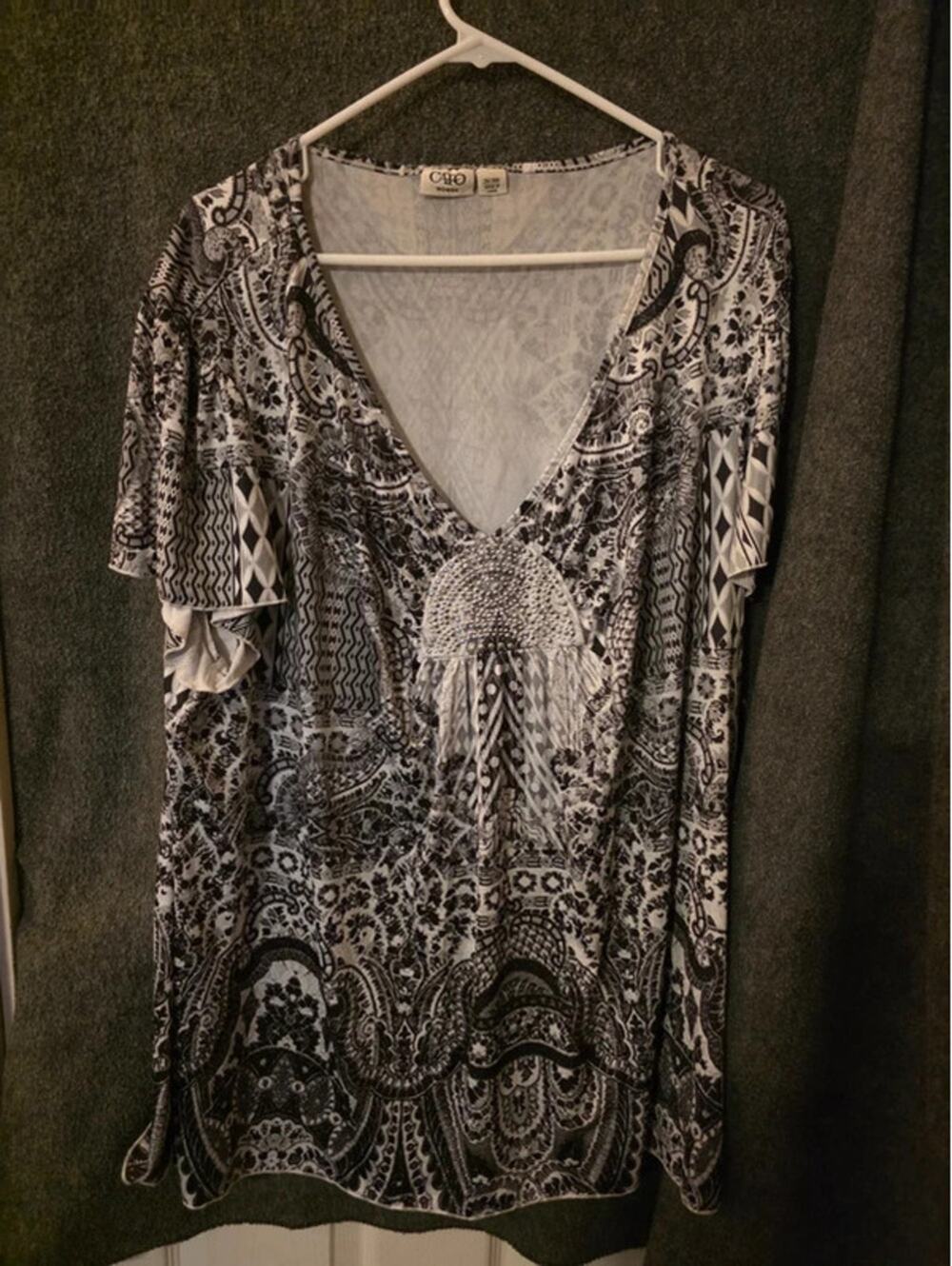 CATO Woman 26/28W Boho Black & White Patterned Short Sleeve Top